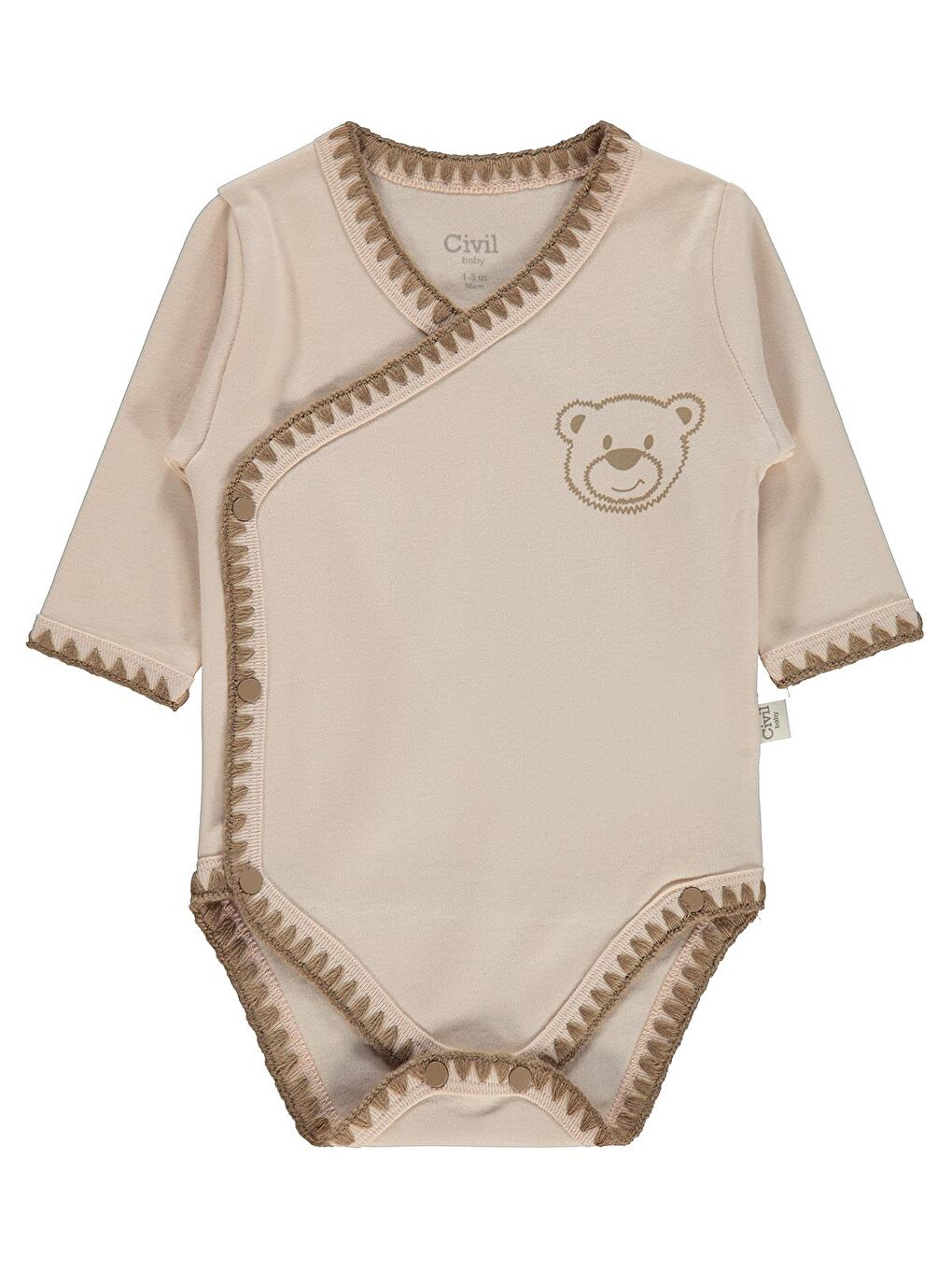 Bej Baby Oturan Tatlı Ayı Baskılı 1-9 Ay Çıtçıtlı Badi - Fil Dişi