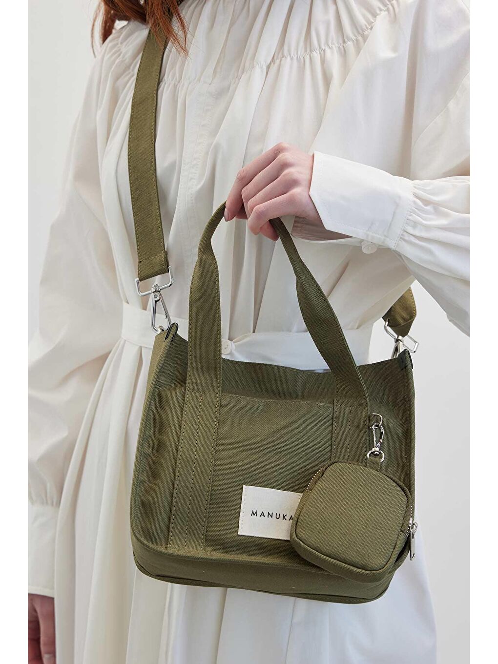 Mini Cüzdan Detaylı Kanvas Çanta Haki