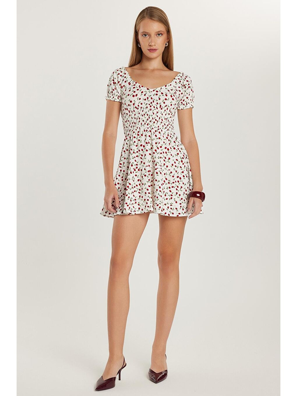 Karışık Kadın Relax Fit Rahat Kesim Kol Lastikli Straplez Baskılı Elbise