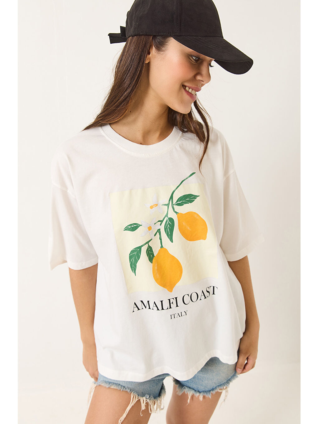 Kadın Limon Baskılı Beyaz Pamuk Penye Oversize T-Shirt