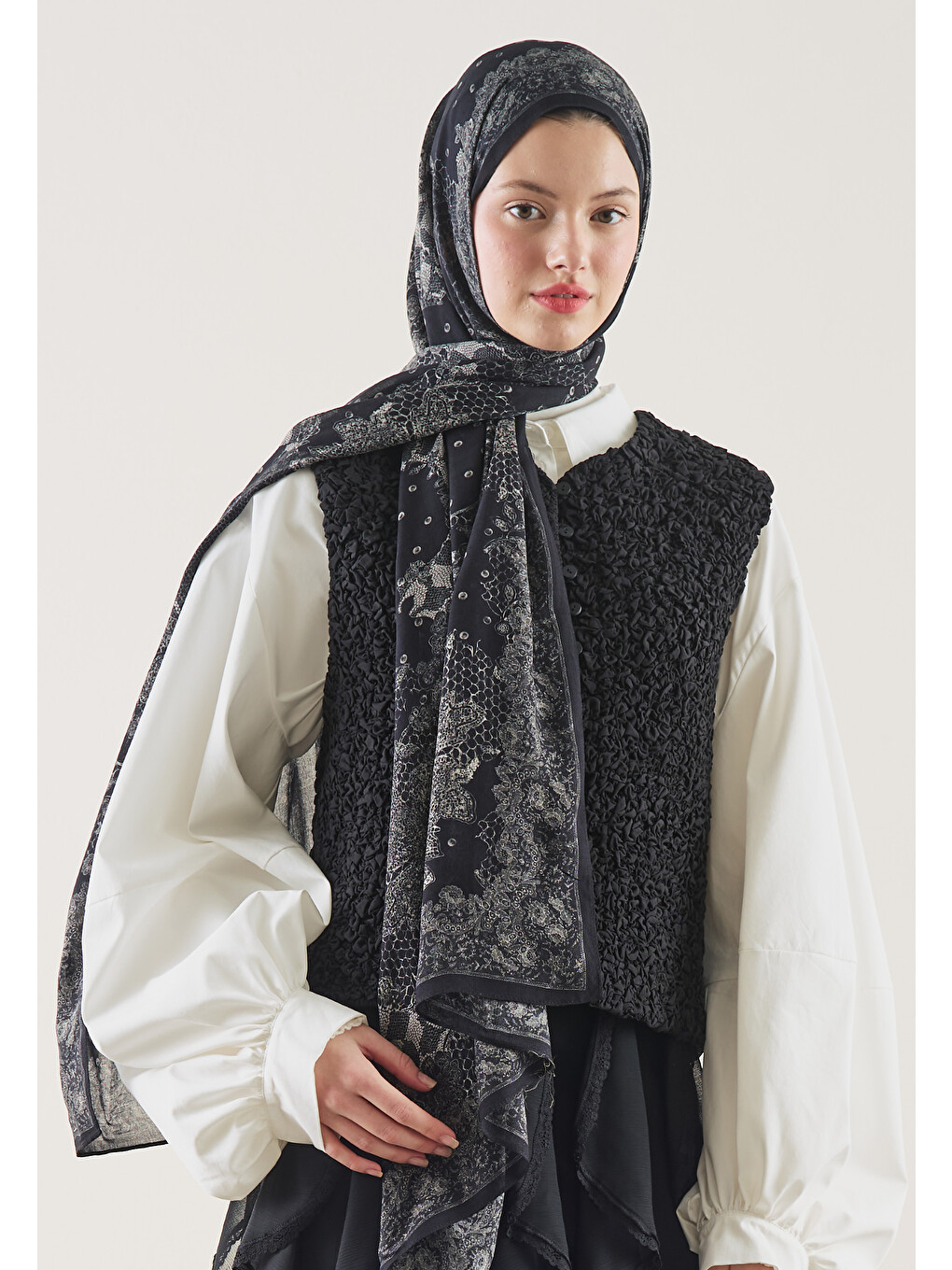 Floral Lace Desen Rami Şal Siyah-2