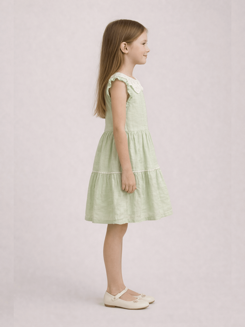 Yeşil Bebe Yaka Kısa Kollu Kız Çocuk Elbise-1
