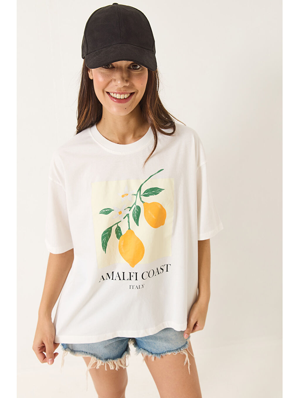 Kadın Limon Baskılı Beyaz Pamuk Penye Oversize T-Shirt-1