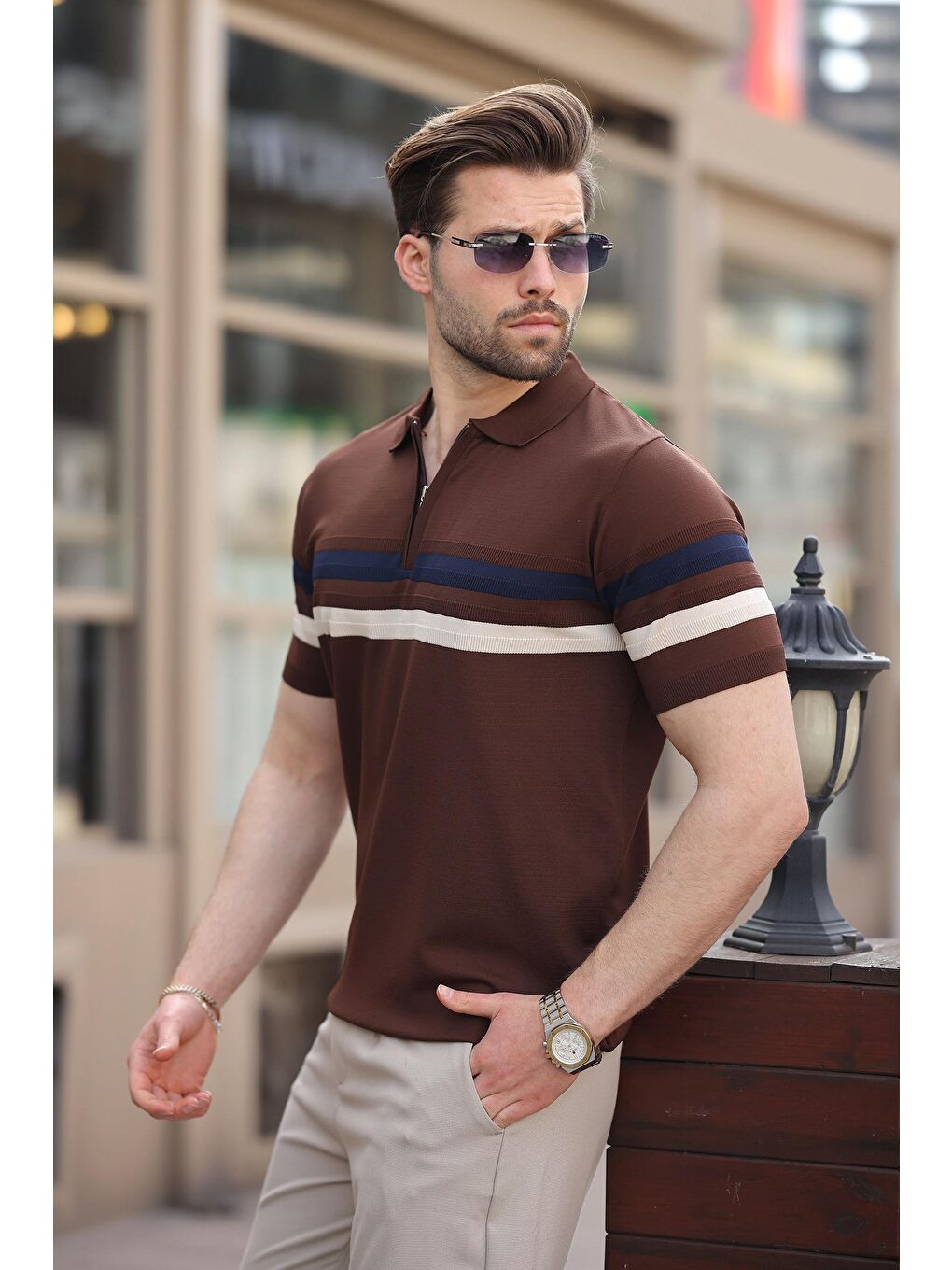 Kahverengi Fermuarlı Polo Yaka Triko Erkek T-Shirt E7299-2
