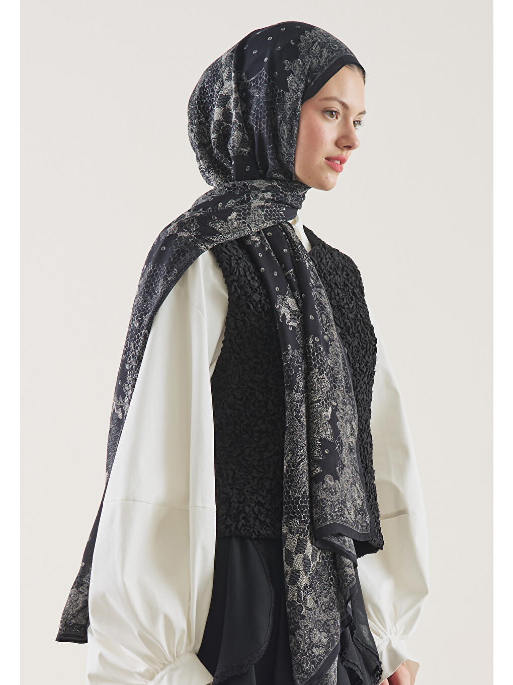 Floral Lace Desen Rami Şal Siyah-3