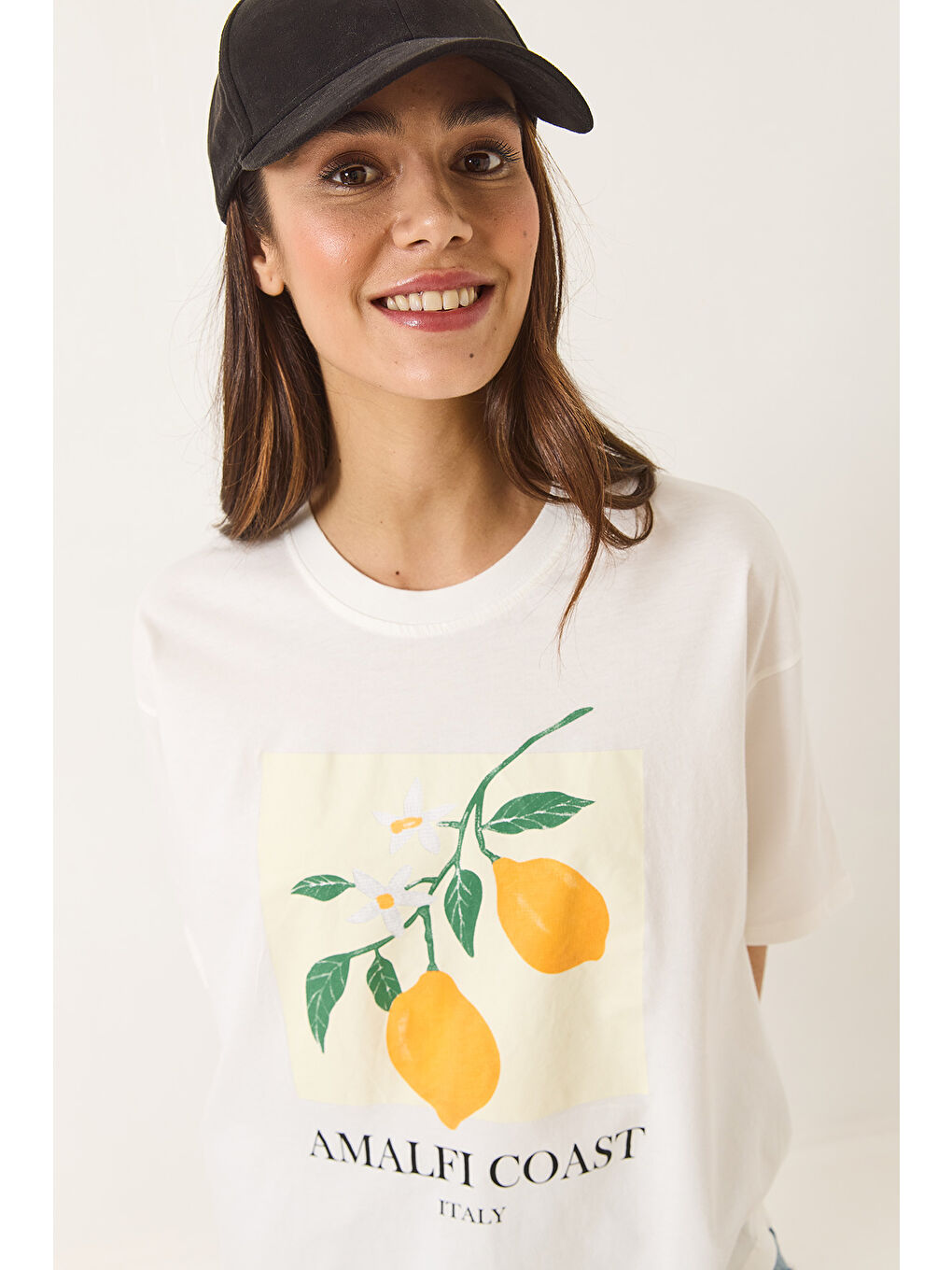 Kadın Limon Baskılı Beyaz Pamuk Penye Oversize T-Shirt-3
