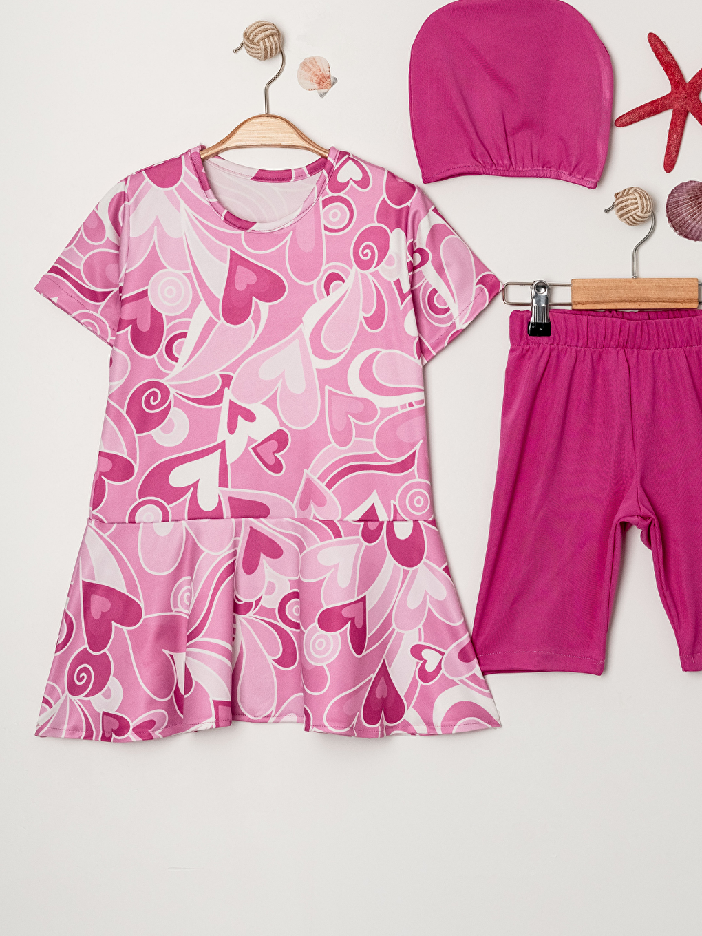 Kahverengi Kız Çocuk Bisiklet Yaka Etekli Mayo ve Tayt Bone Dahildir.-1