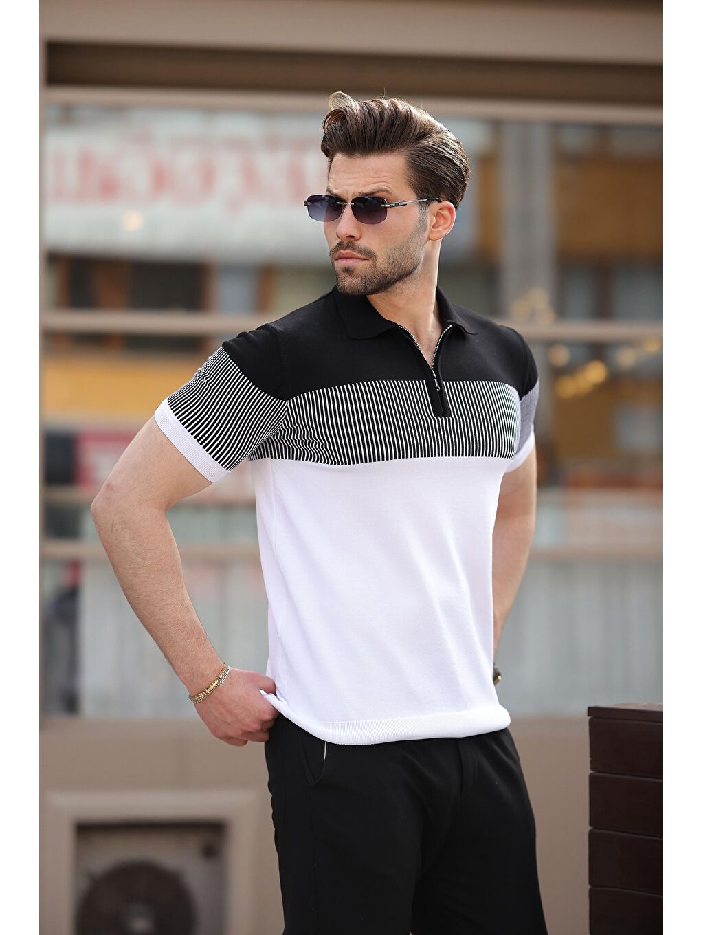 Beyaz Renk Bloklu Polo Yaka Triko Erkek T-Shirt E7409