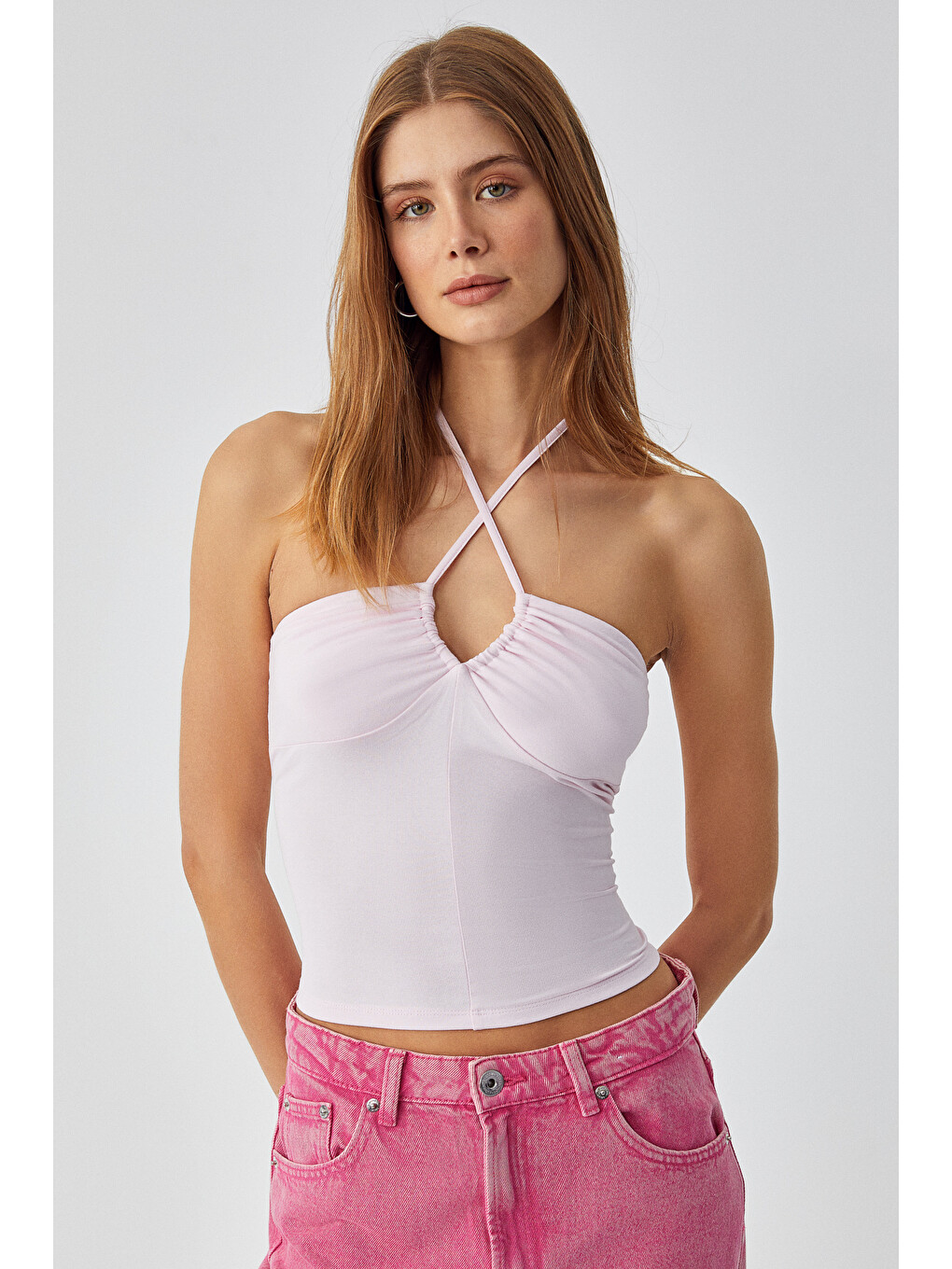 Urıcı Kadın Slim Askılı Yaka Bağcıklı İnce Kısa Pembe Büstiyer-2