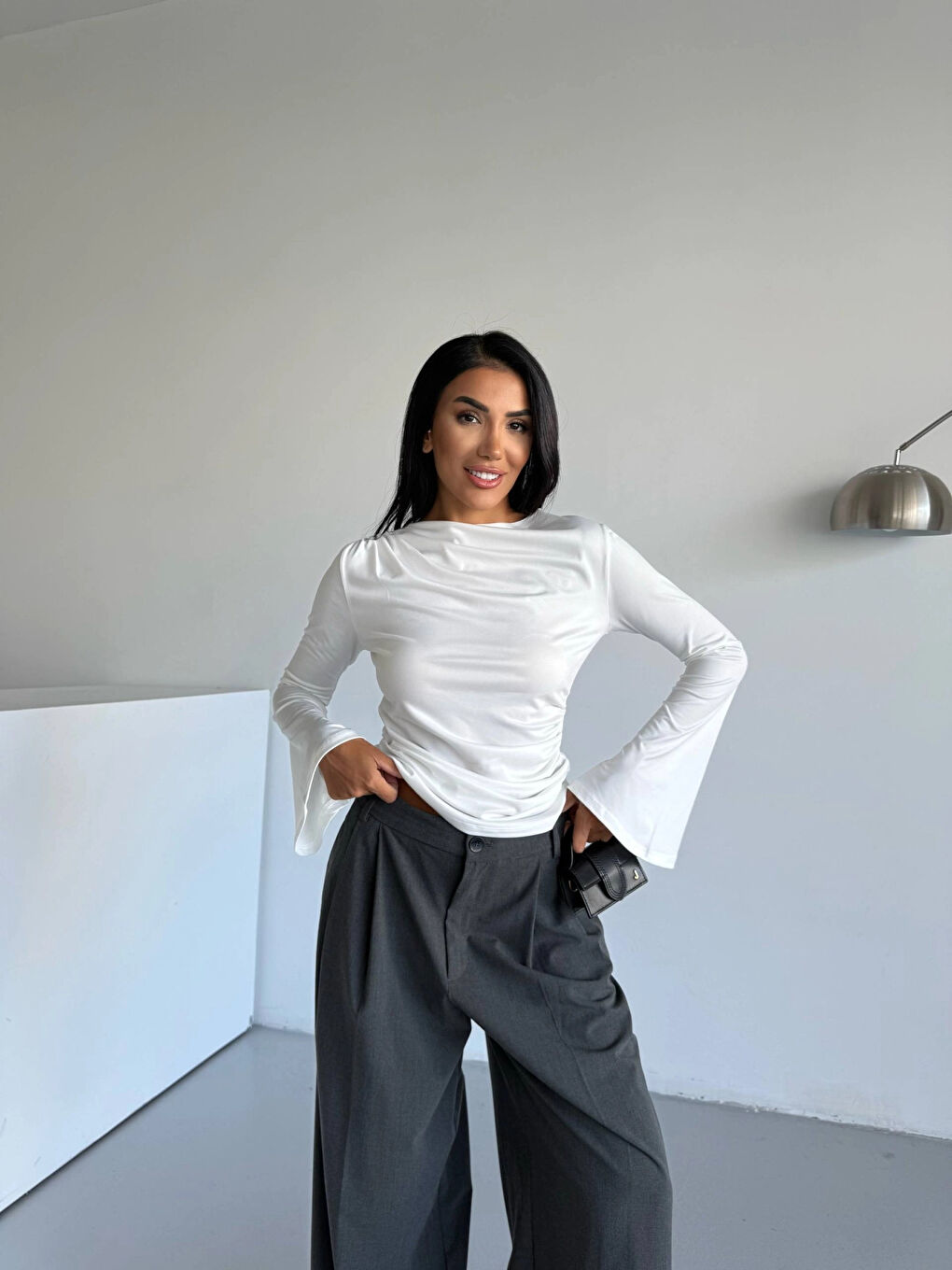 Kadın Beyaz Drape Detaylı İspanyol Kol Sany Bluz HZL25W-FRY123431