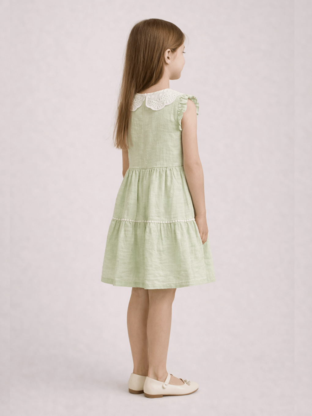 Yeşil Bebe Yaka Kısa Kollu Kız Çocuk Elbise-2