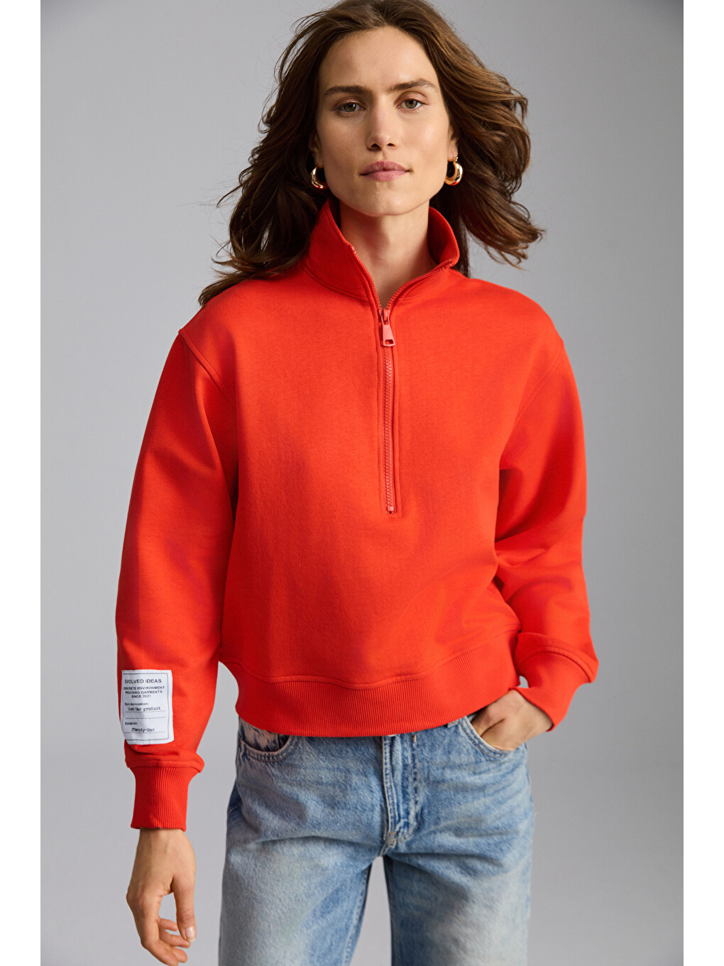 Saılenıs Kadın Yumuşacık İçi Şardonlu Organik Pamuk Yarım Fermuarlı Regular Kırmızı Sweatshirt-2