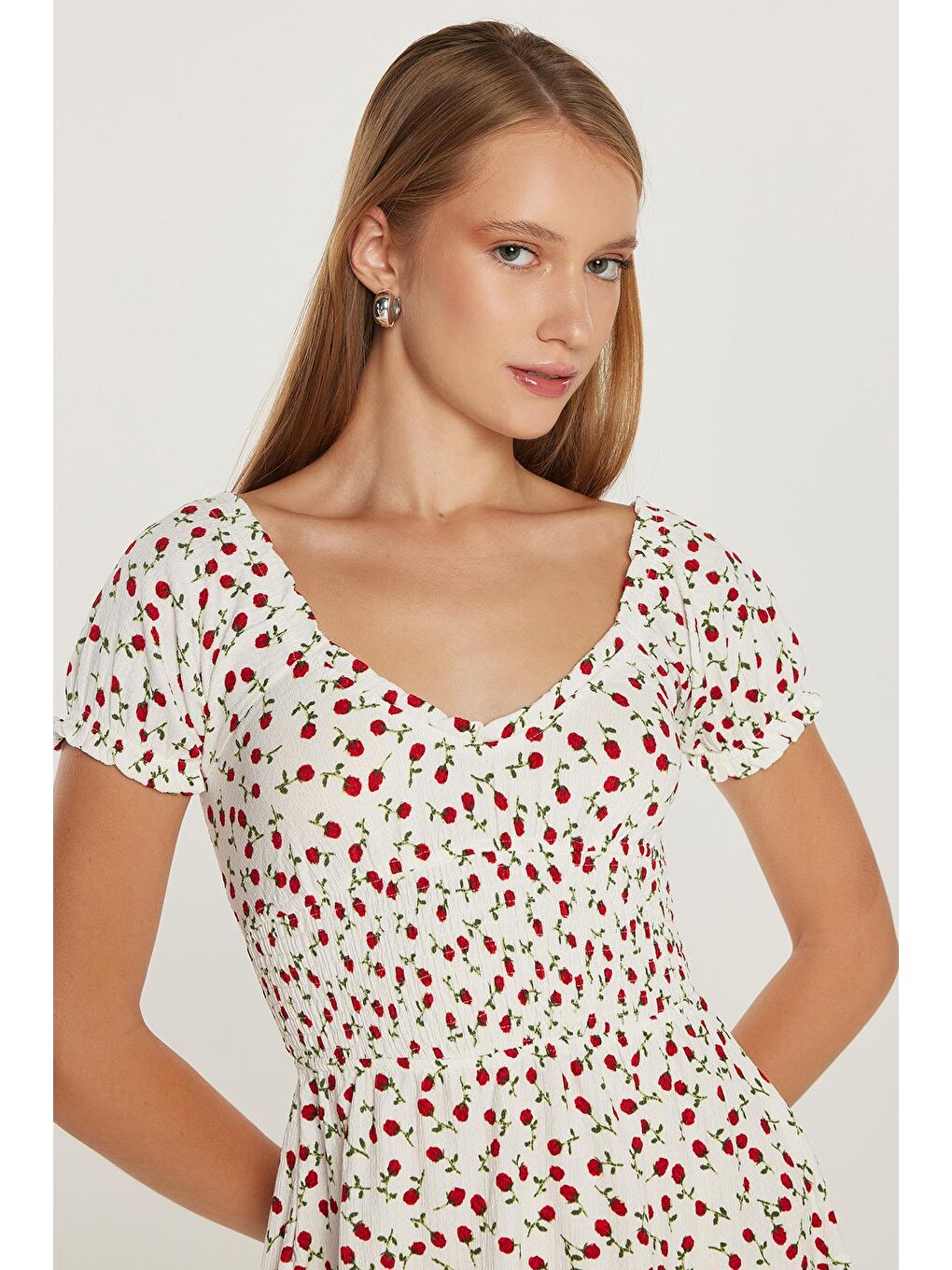 Karışık Kadın Relax Fit Rahat Kesim Kol Lastikli Straplez Baskılı Elbise-3