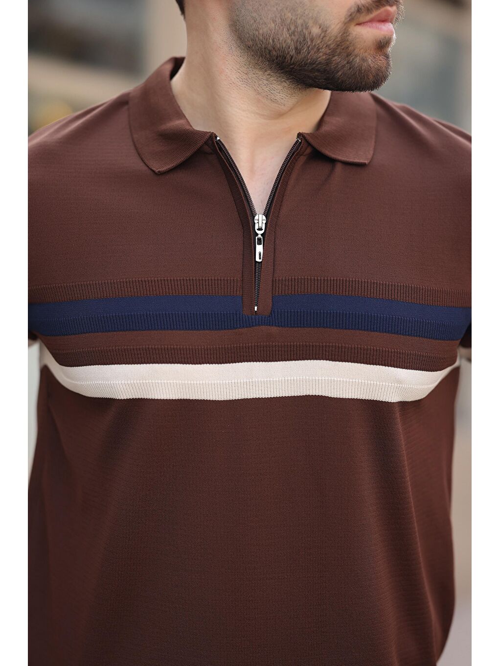 Kahverengi Fermuarlı Polo Yaka Triko Erkek T-Shirt E7299-3