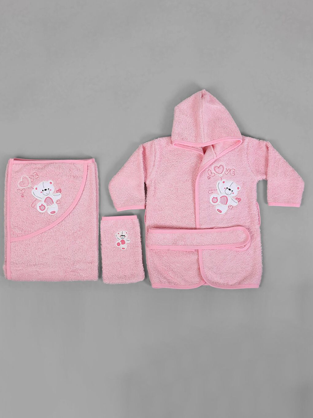 LUGGİ BABY Pembe Kapüşonlu Kız Bebek Bornoz Set 3 lü