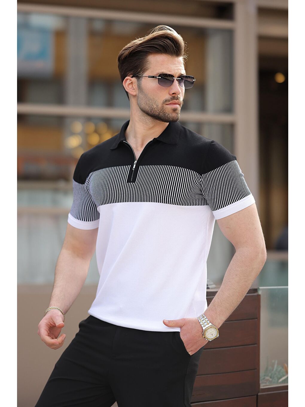 Beyaz Renk Bloklu Polo Yaka Triko Erkek T-Shirt E7409-1