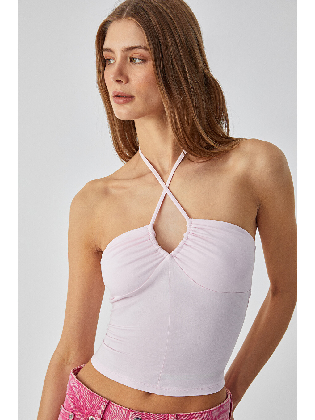 Urıcı Kadın Slim Askılı Yaka Bağcıklı İnce Kısa Pembe Büstiyer-3