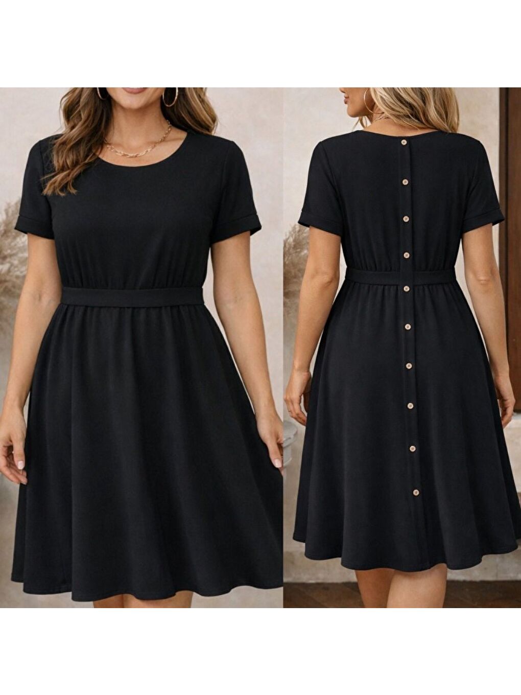 Siyah Kadın Kısa Kollu Yuvarlak Yaka Arkadan Düğmeli Viskon Midi Elbise-2