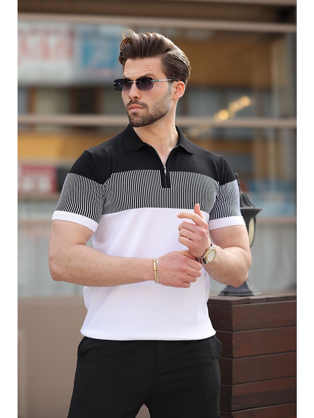 Beyaz Renk Bloklu Polo Yaka Triko Erkek T-Shirt E7409-2