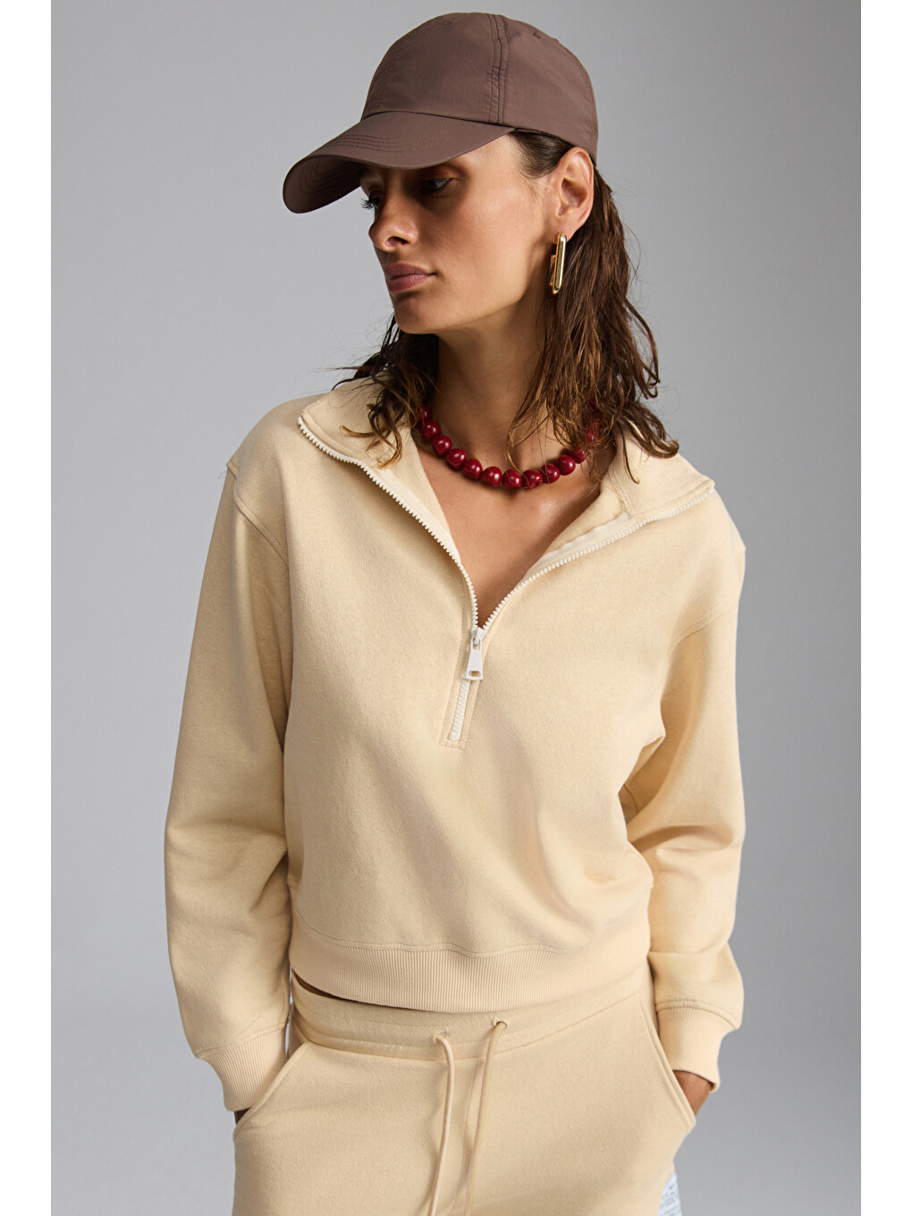 Ekru Saılenıs Kadın Yumuşacık İçi Şardonlu Organik Pamuk Yarım Fermuarlı Regular Krem Sweatshirt-4
