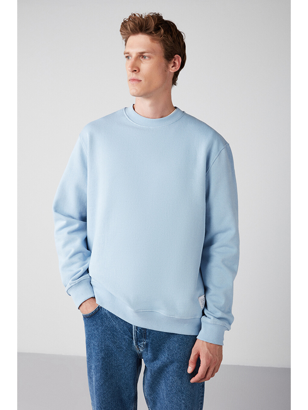 Erkek Organik Kumaşlı Yumuşacık Regular Fit Yuvarlak Yakalı Mavi Sweatshirt-1