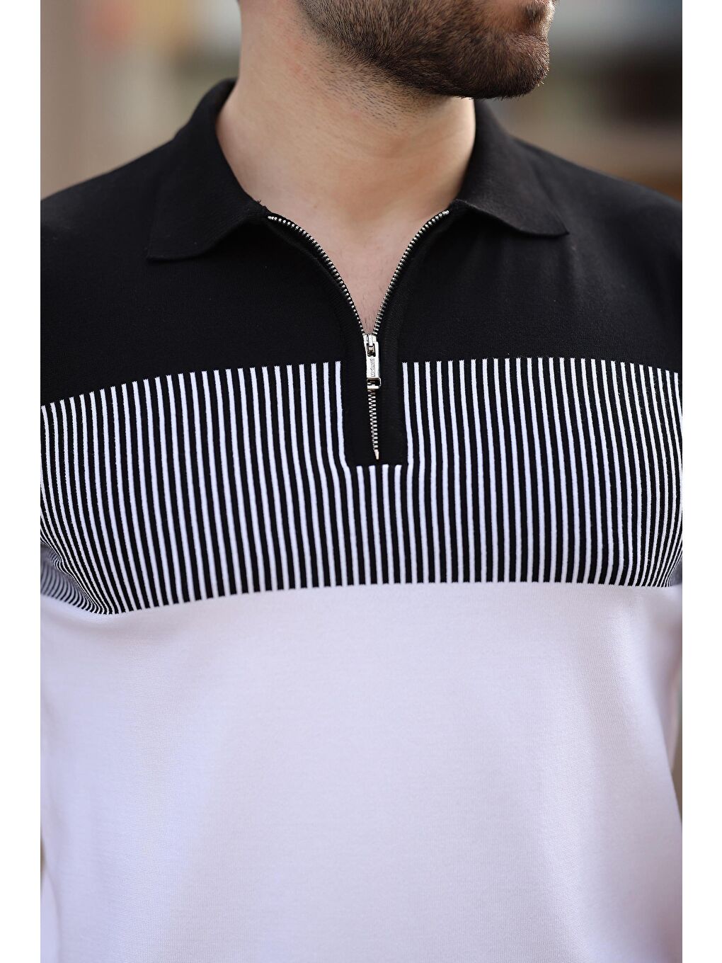 Beyaz Renk Bloklu Polo Yaka Triko Erkek T-Shirt E7409-3