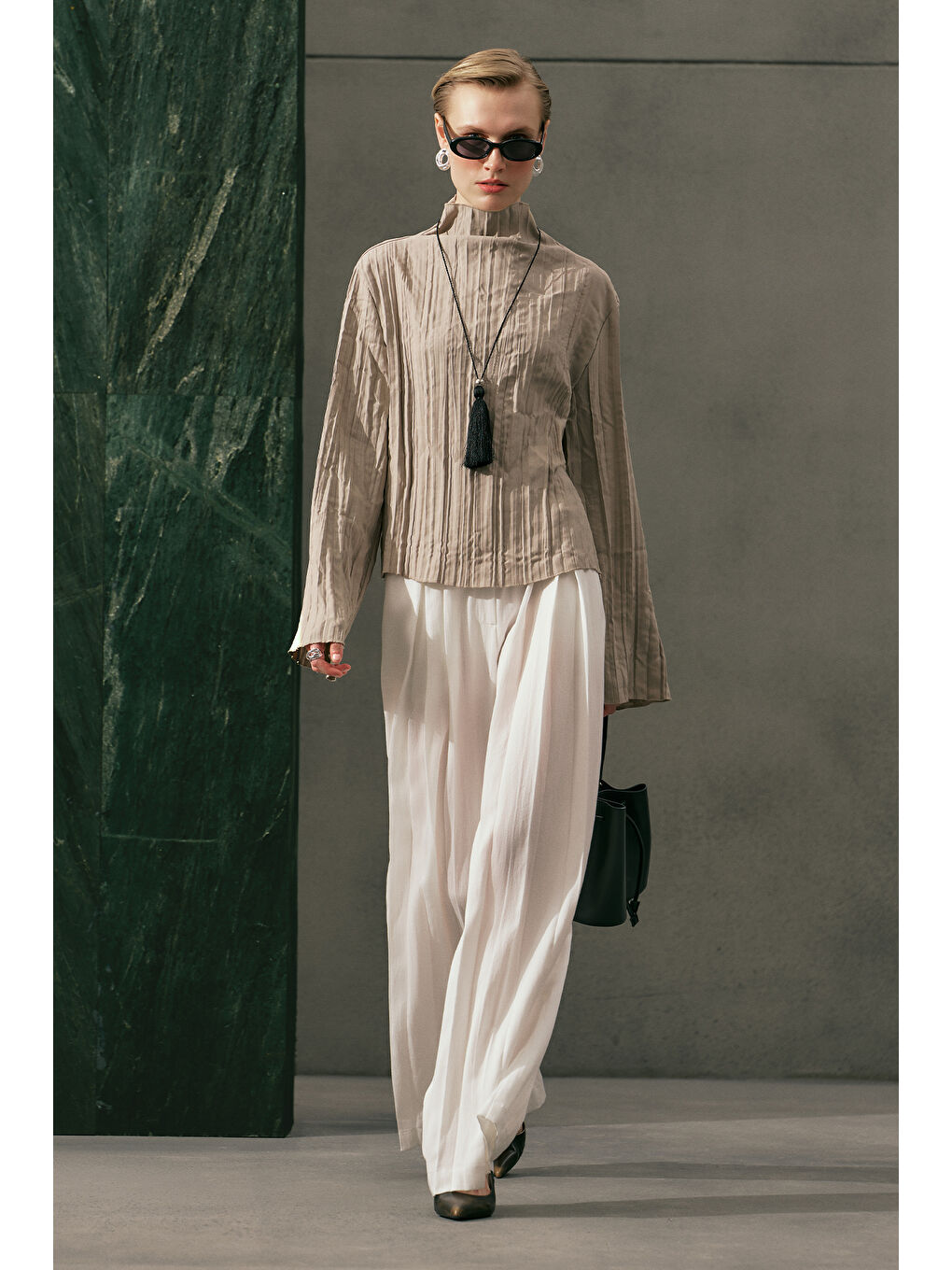 Tansy Pileli Pantolon Ekru-8