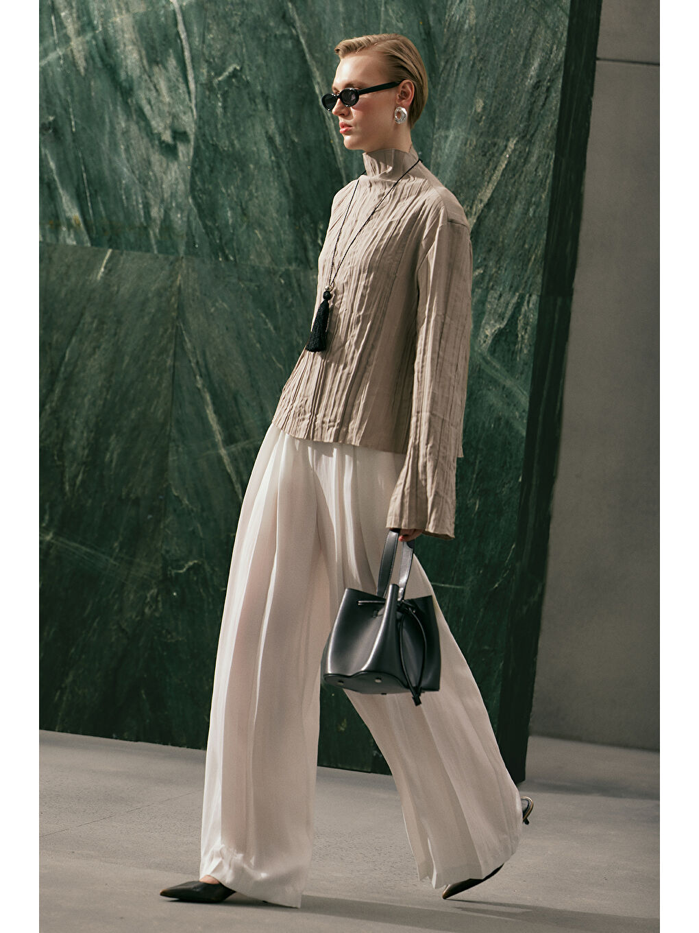 Tansy Pileli Pantolon Ekru-9