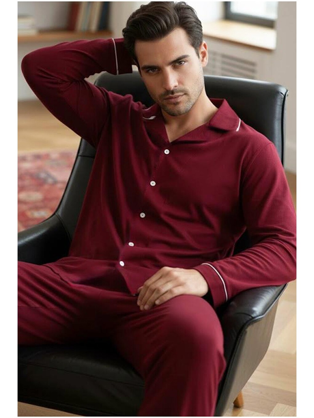 Bordo Erkek Pamuklu Gömlek Yaka Düğmeli Biyeli Pijama Takım