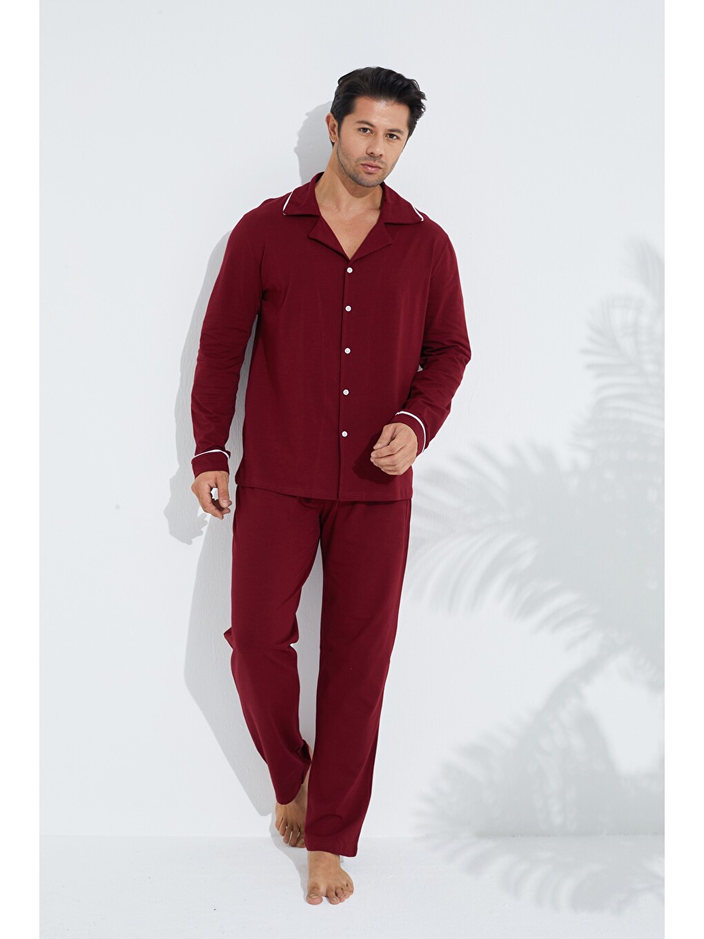 Bordo Erkek Pamuklu Gömlek Yaka Düğmeli Biyeli Pijama Takım-1