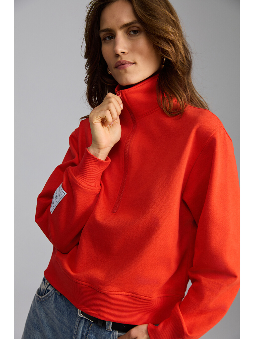 Saılenıs Kadın Yumuşacık İçi Şardonlu Organik Pamuk Yarım Fermuarlı Regular Kırmızı Sweatshirt-4