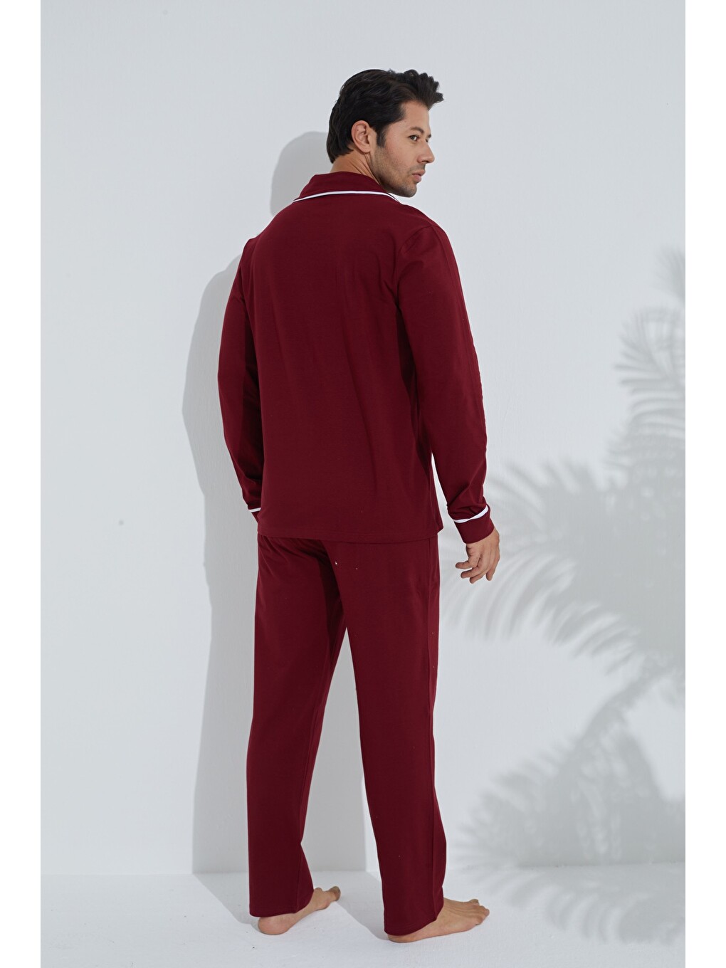 Bordo Erkek Pamuklu Gömlek Yaka Düğmeli Biyeli Pijama Takım-2