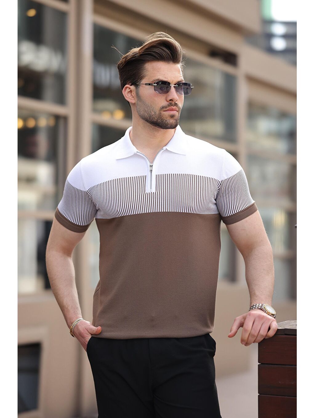 Bej Vizon Renk Bloklu Polo Yaka Triko Erkek T-Shirt E7409