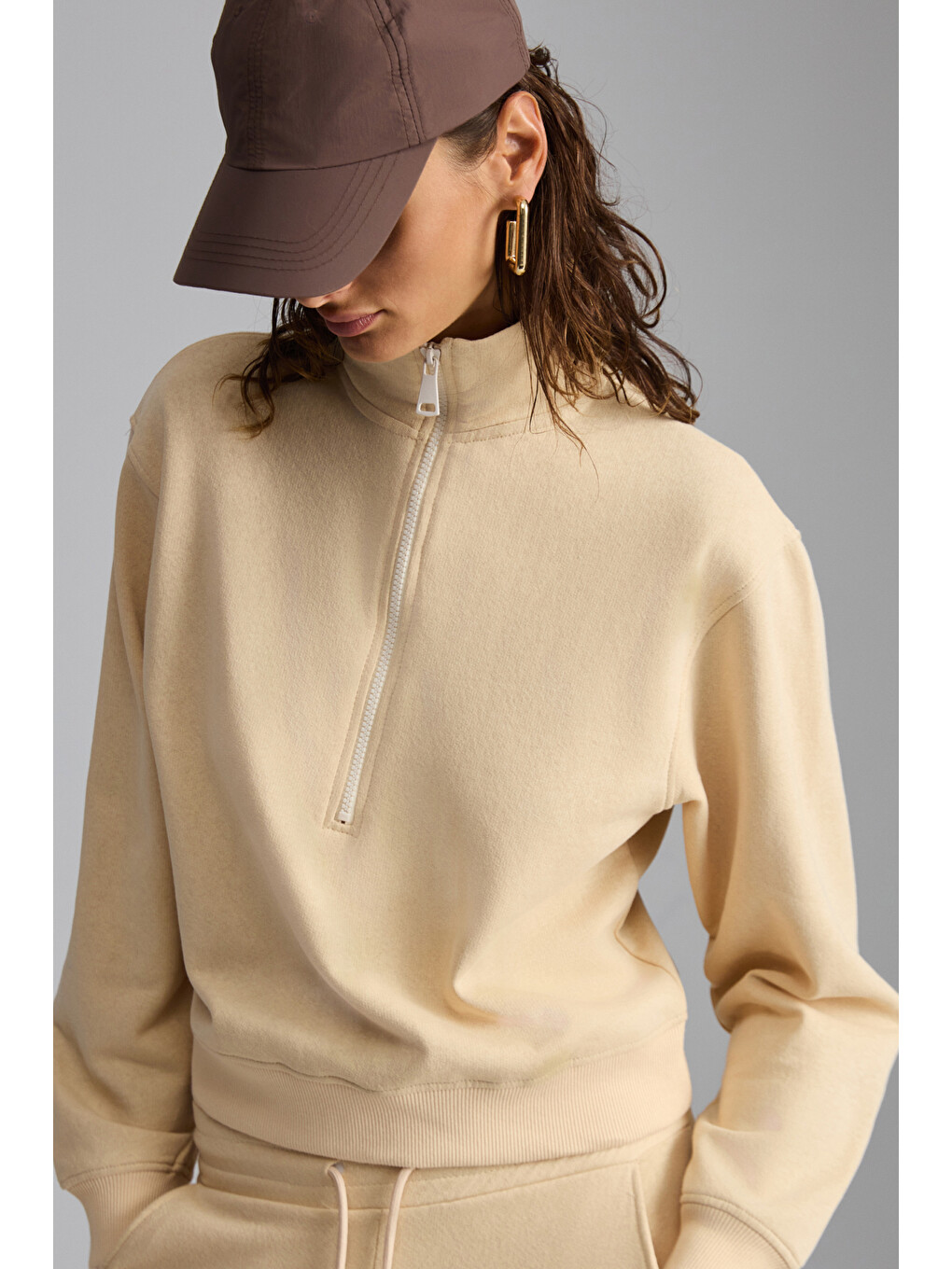 Ekru Saılenıs Kadın Yumuşacık İçi Şardonlu Organik Pamuk Yarım Fermuarlı Regular Krem Sweatshirt-5