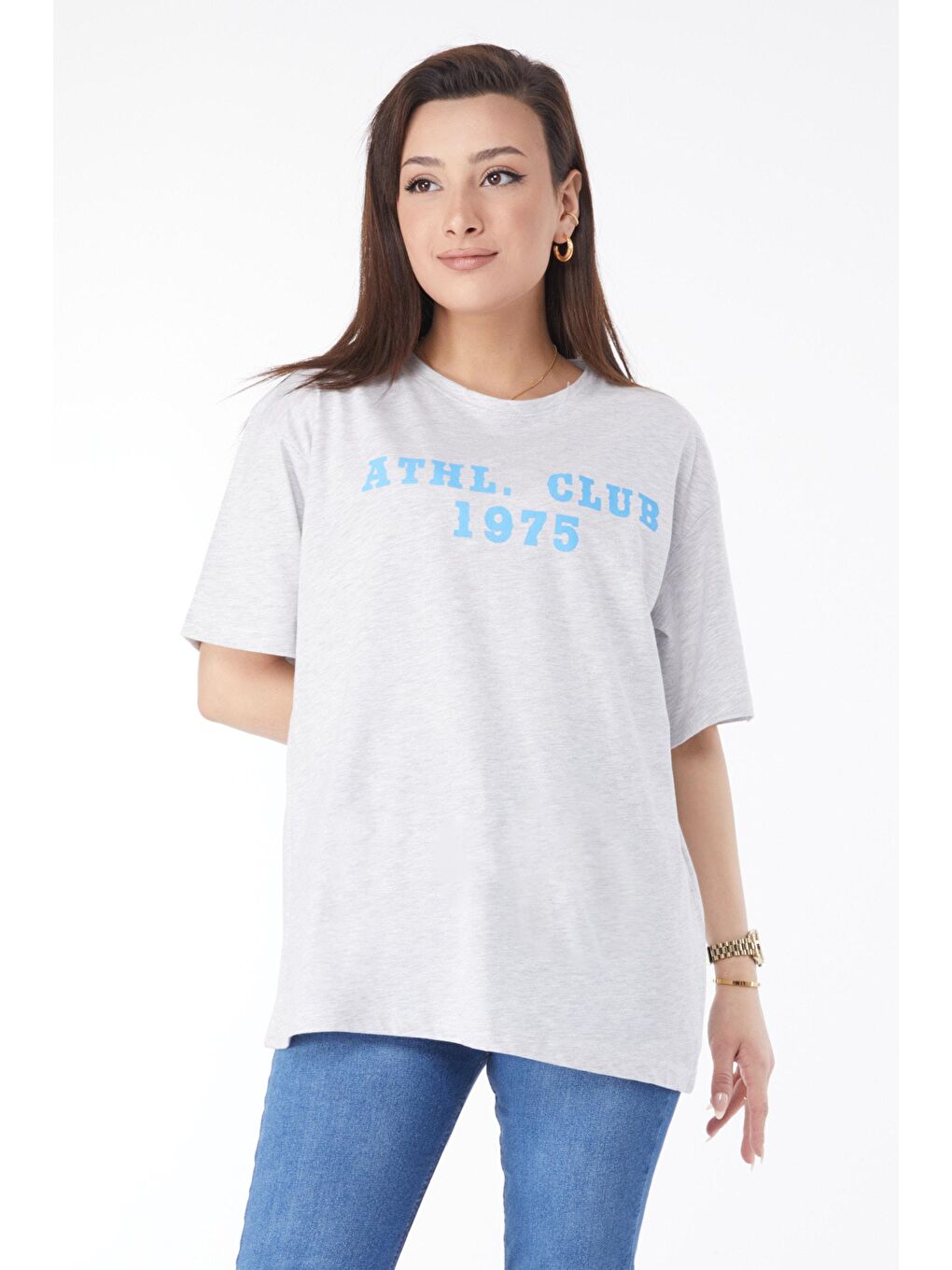 Bisiklet Yaka Kadın Gri Kısa Kollu Baskılı Tişört - 24644
