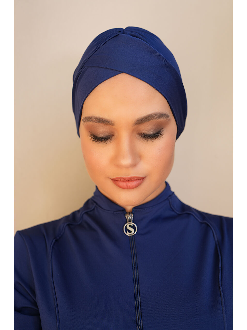 Lacivert Çapraz Esnek Kumaş Deniz Havuz Yüzücü Tesettür Mayo Bonesi SB539-1