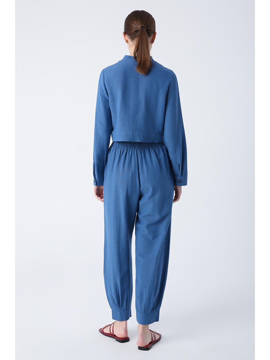 İndigo Hakim Yaka Düğmeli Pamuk Keten Kısa Ceket-3