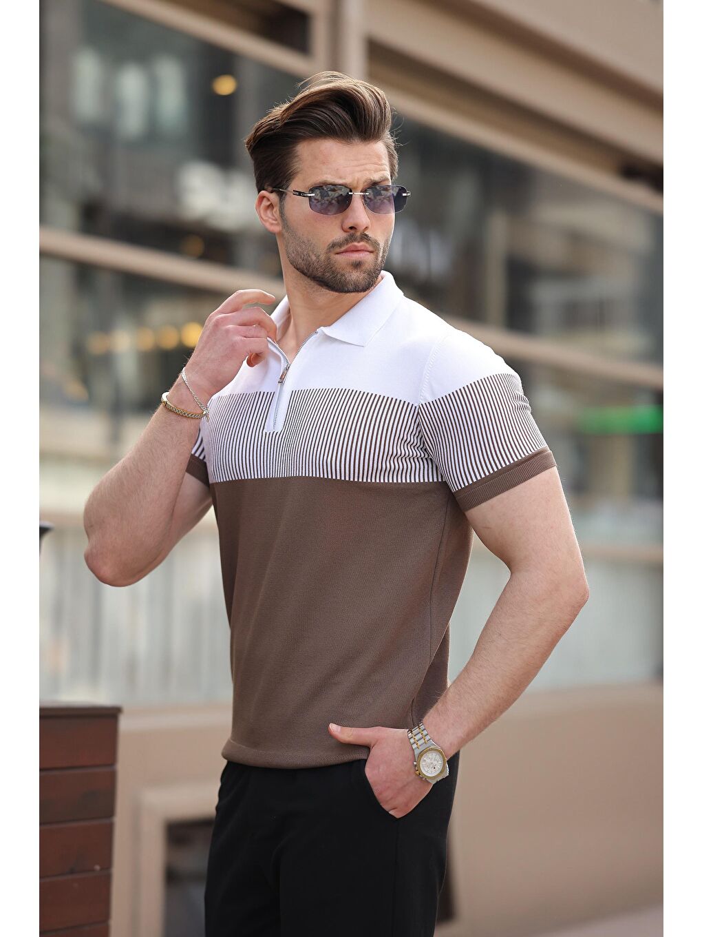 Bej Vizon Renk Bloklu Polo Yaka Triko Erkek T-Shirt E7409-1