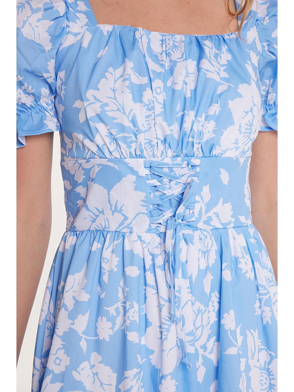 Mavi Kadın Standart Fit Pamuklu Kısa Kollu Lastikli Beli Büzgülü Bağlama Detaylı U Yaka Elbise-2