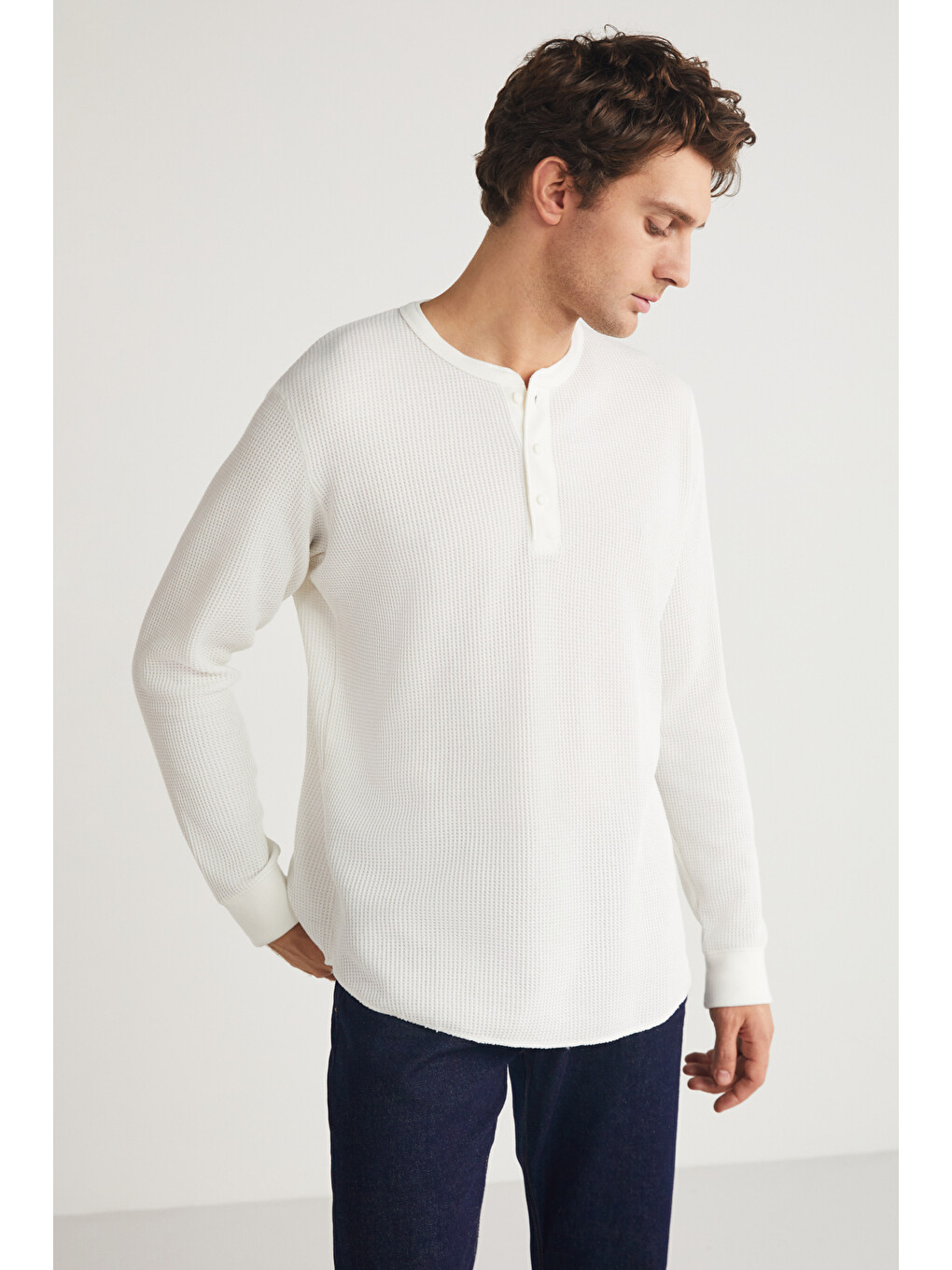 Patrıck Erkek Triko Waffle Özel Dokulu Kalın Premium Kumaşlı Düğme Detaylı Beyaz T-shirt-1