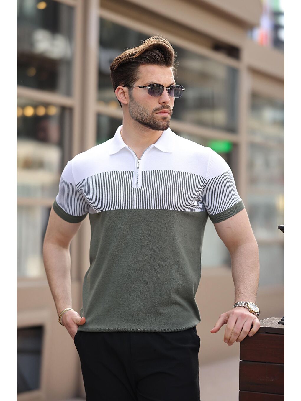 Haki Renk Bloklu Polo Yaka Triko Erkek Tişört E7409