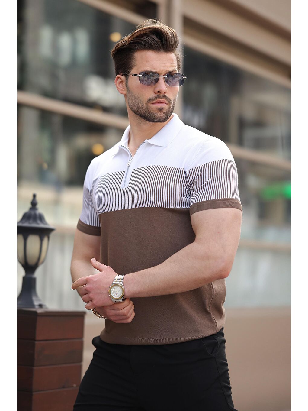 Bej Vizon Renk Bloklu Polo Yaka Triko Erkek T-Shirt E7409-2