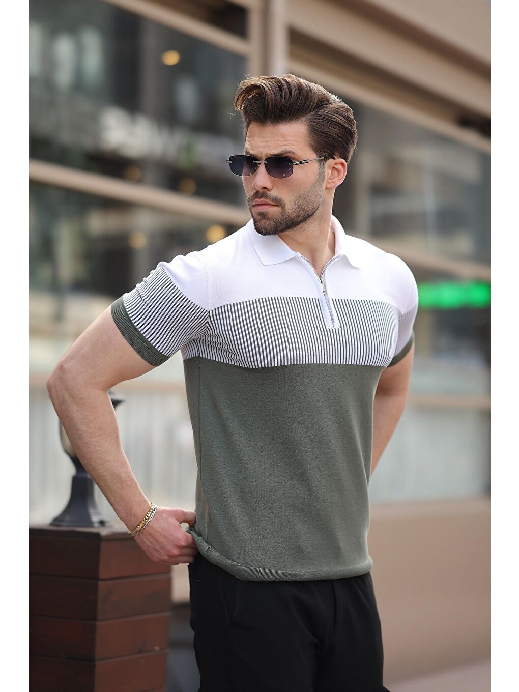 Haki Renk Bloklu Polo Yaka Triko Erkek Tişört E7409-1