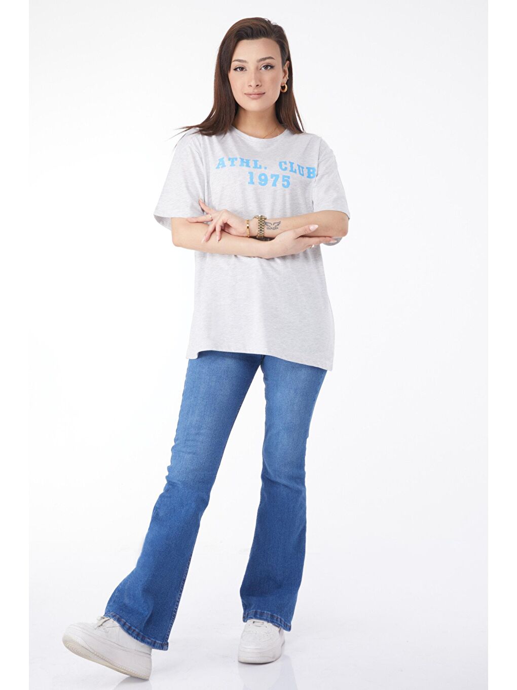Bisiklet Yaka Kadın Gri Kısa Kollu Baskılı Tişört - 24644-1
