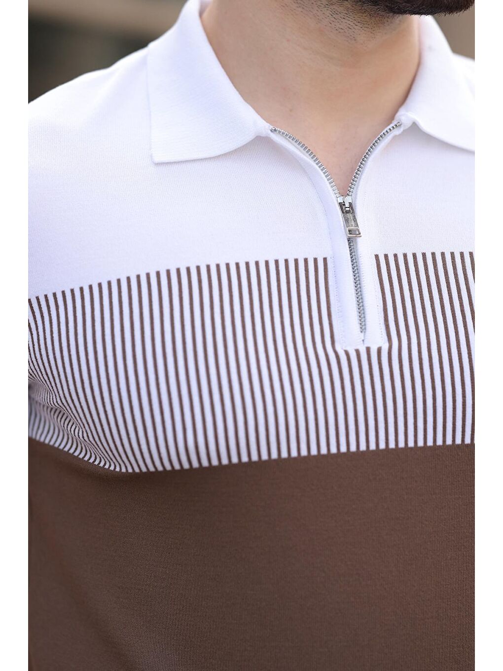 Bej Vizon Renk Bloklu Polo Yaka Triko Erkek T-Shirt E7409-3