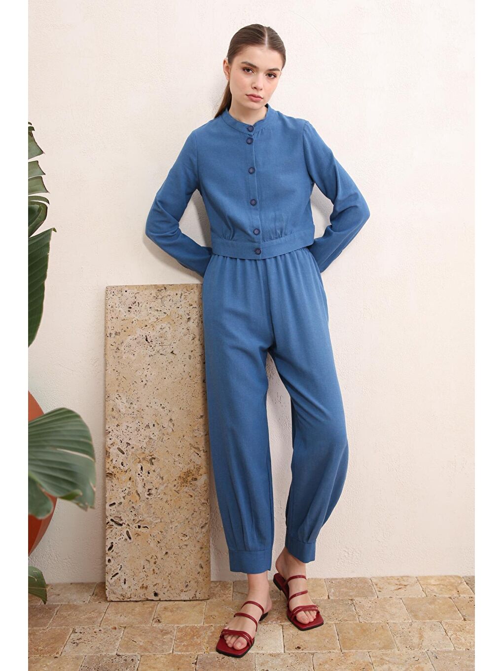 İndigo Hakim Yaka Düğmeli Pamuk Keten Kısa Ceket-4