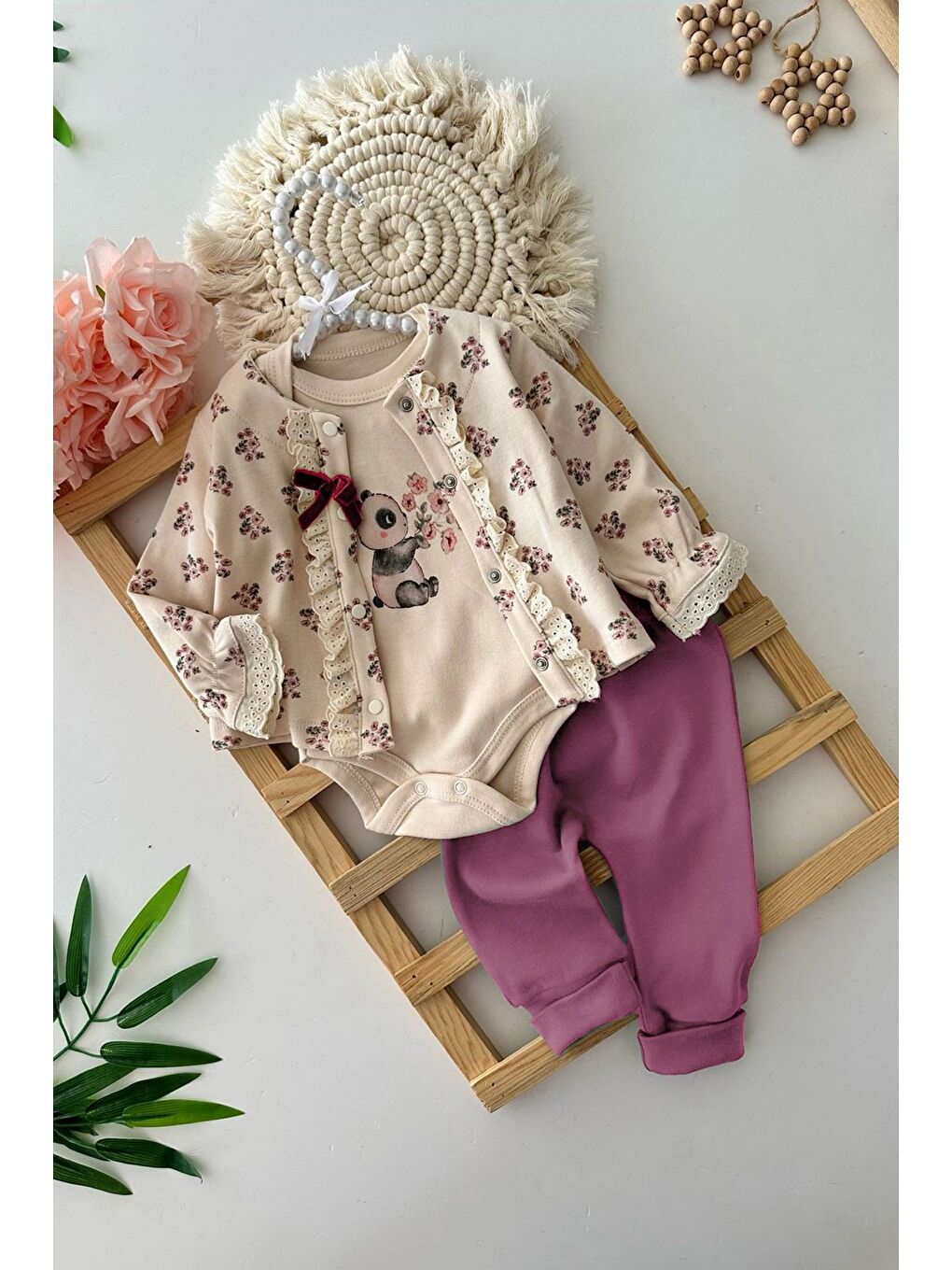 Mürdüm %100 Pamuk Çiçek Desenli Fırfırlı 3 Lü Kız Çocuk Takım-1