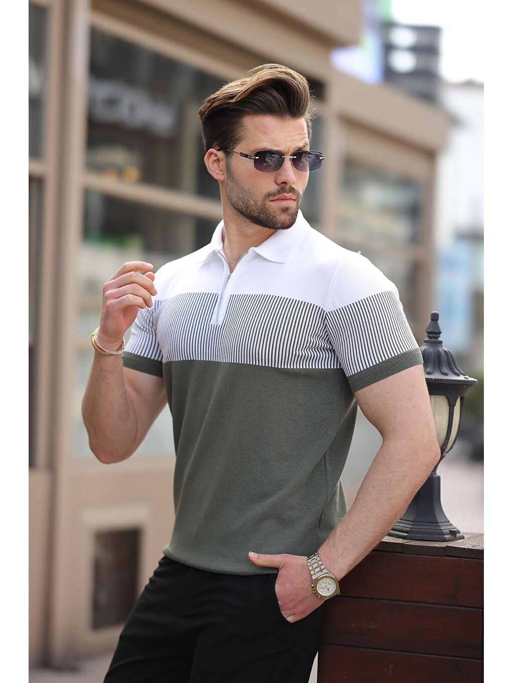 Haki Renk Bloklu Polo Yaka Triko Erkek Tişört E7409-2