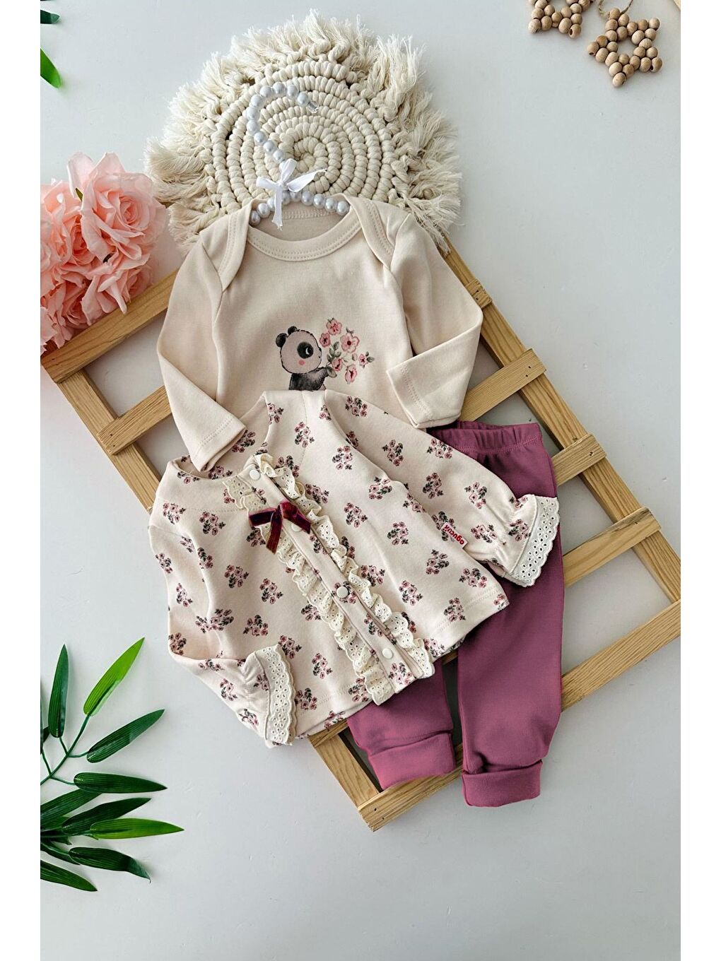 Mürdüm %100 Pamuk Çiçek Desenli Fırfırlı 3 Lü Kız Çocuk Takım-2
