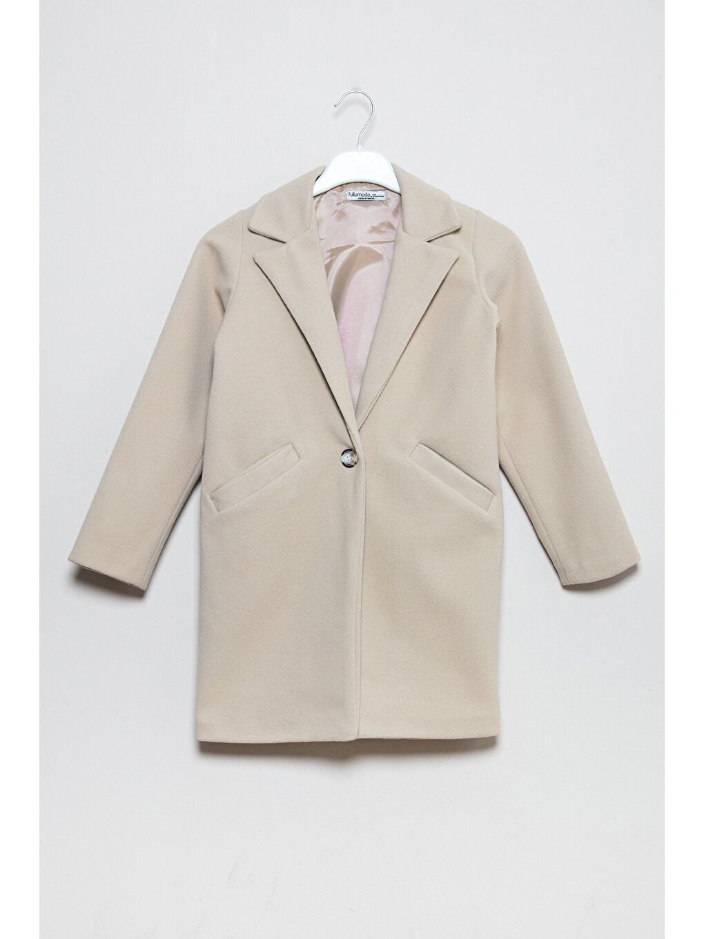 Bej Düğmeli Kruvaze Yaka Kız Çocuk Kaşe Kaban